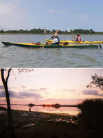 Two images of a multi-boat paddle tour featuring Rhonda S.'s Chesapeake 18 wooden kayak Thumbnail