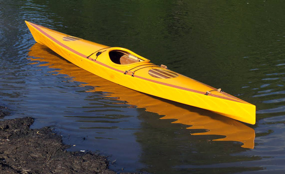 A Chesapeake 18 wooden kayak built from plans by Mike L. on the Tualatin River in Tigard, OR