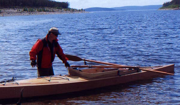 A Chesapeake Double wooden kayak fitted out for rowing