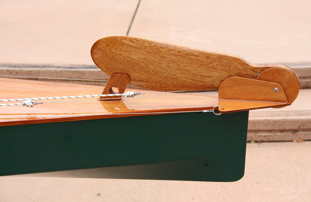 The custom rudder on a Chesapeake Double wooden kayak built by Robert M. in Sacramento, Cal.