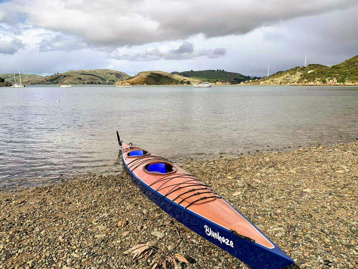 Ready for the maiden voyage of a Chesapeake Double wooden kayak in New Zealand