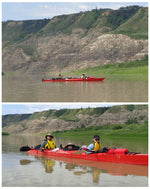 Two views of a red Chesapeake Triple with three people aboard on the Red Deer River, Alberta, Canada. Built by Jason L. Thumbnail