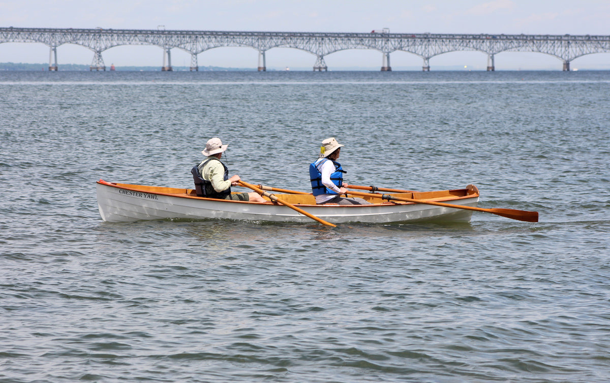 Tandem rowers in a Chester Yawl at an Okoumefest