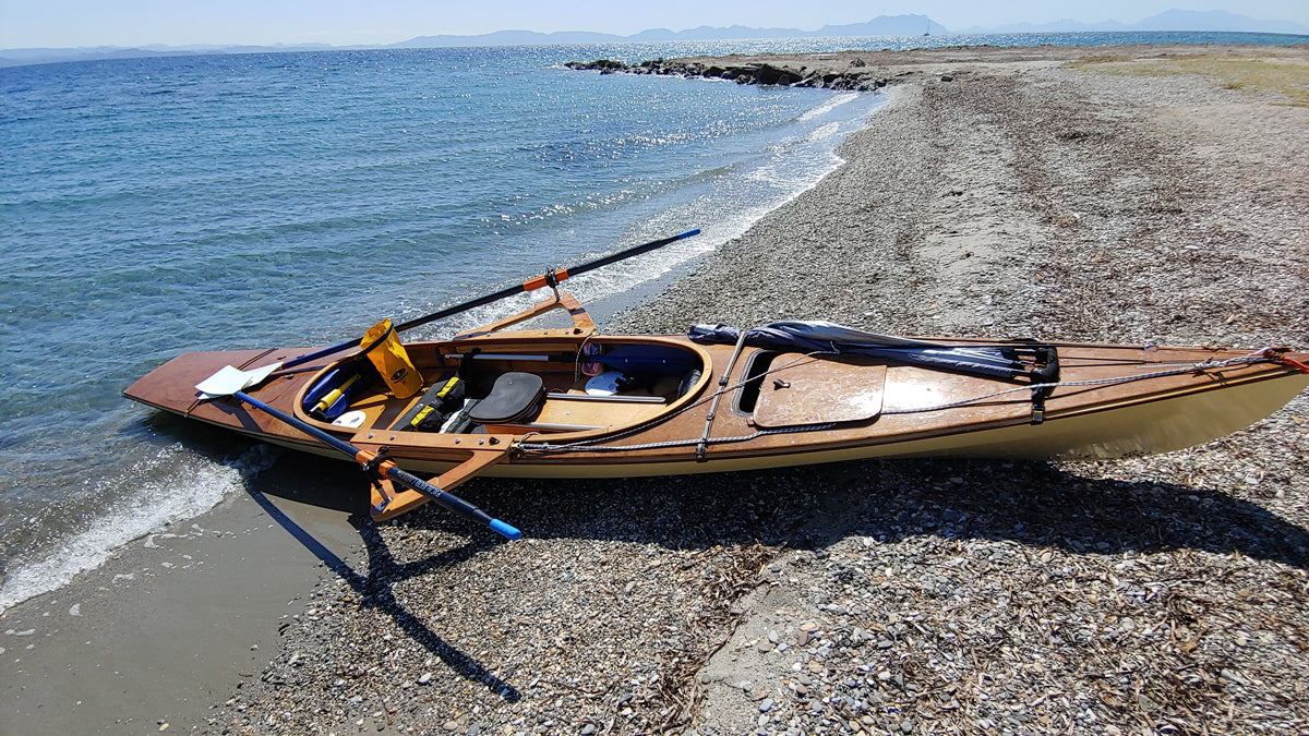 An Expedition Wherry built by Mehmet Y waits on the shore in Istanbul, Turkey.