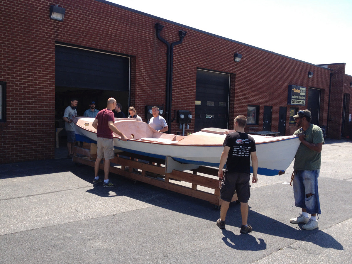 The Faering Cruiser has been flipped and ready to return to shop for finishing