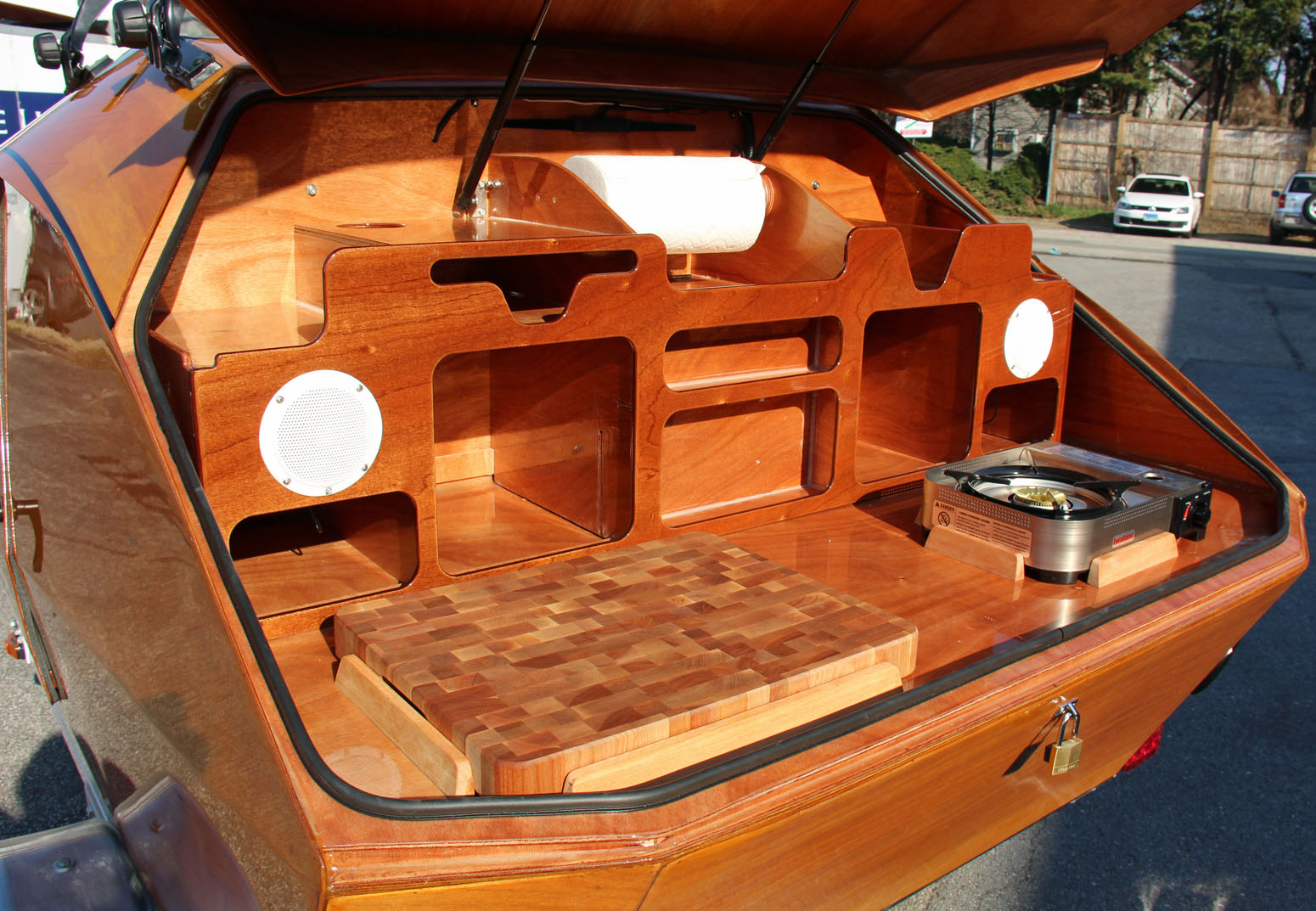 The  Galley insert for the Teardrop Camper stores kitchen equipment and doubles as a base for the electrical system.