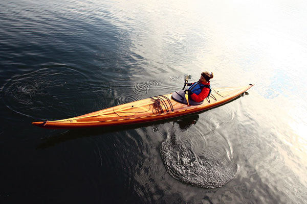 Paddling a Guillemot Single wooden kayak built by Ivan K. in Slovakia
