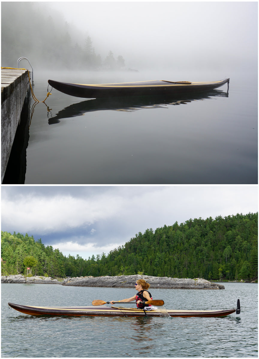 Tw\o views of a Guillemot Single wooden kayak built by Karl T. in Quebec