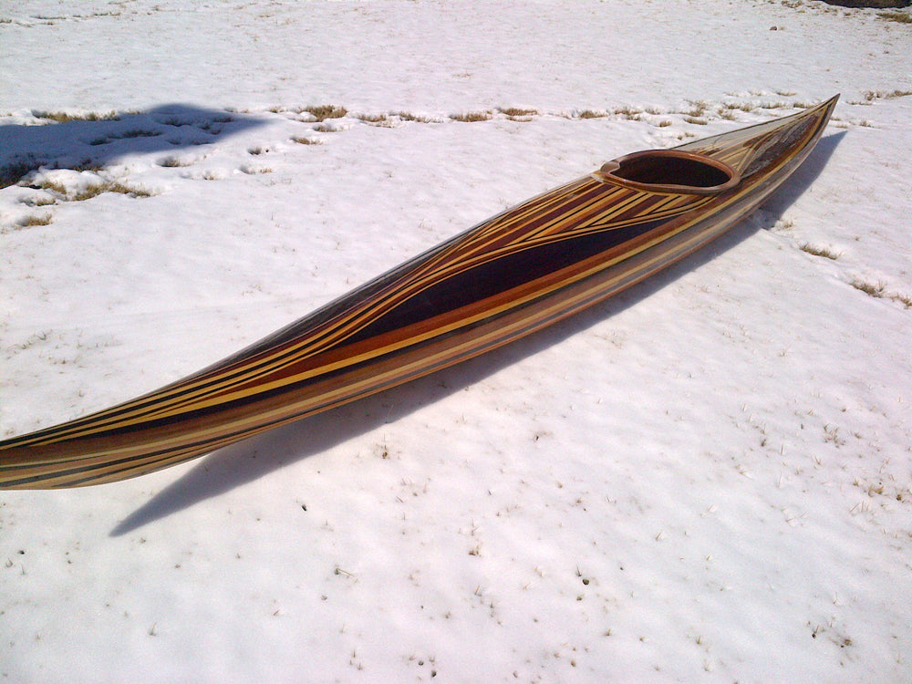 A Guillemot Single wooden kayak built by Scott B. in the snow