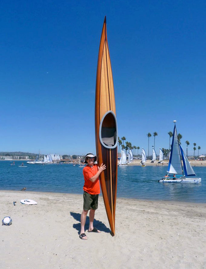Steve B. showing off his Guillemot Single wooden kayak