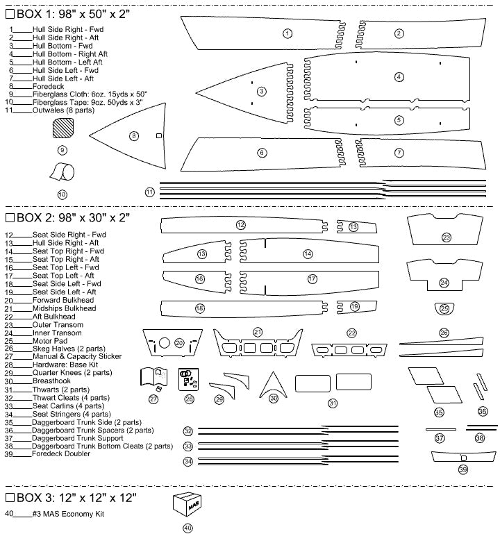 Jimmy Skiff 2 kit contents drawing. 