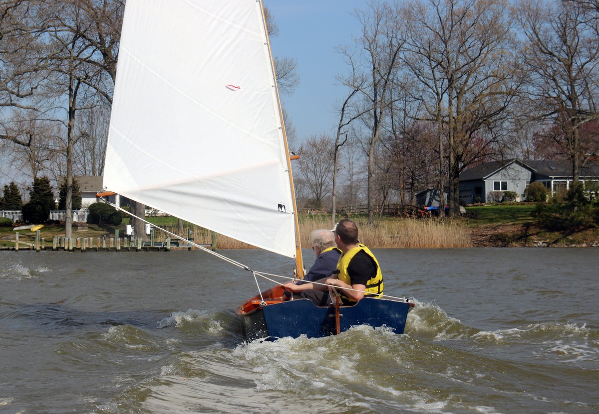 Two men sailing a CLC Jimmy Skiff.
