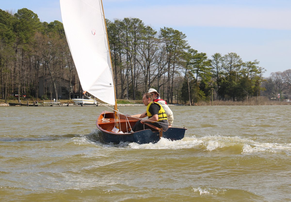 Two men sailing a CLC Jimmy Skiff.