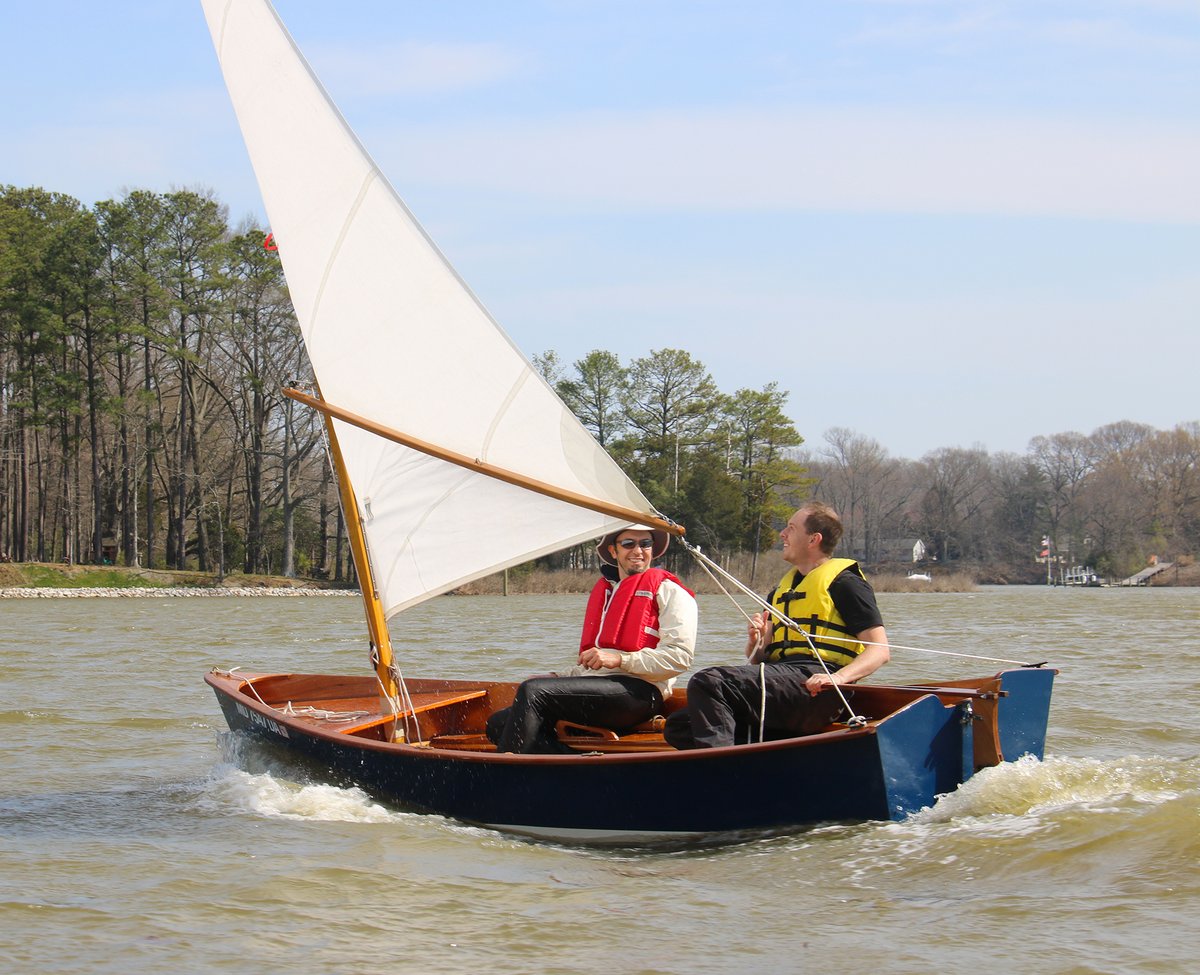Two men sailing a CLC Jimmy Skiff.