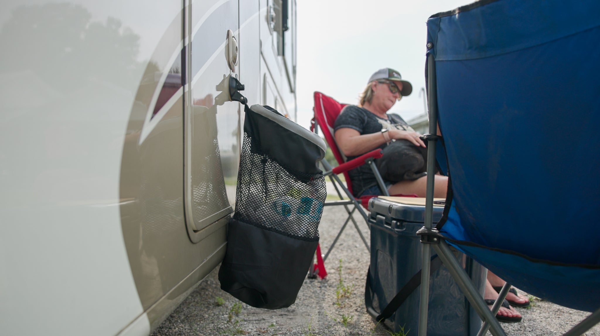 mesh trash bag attached to camper door