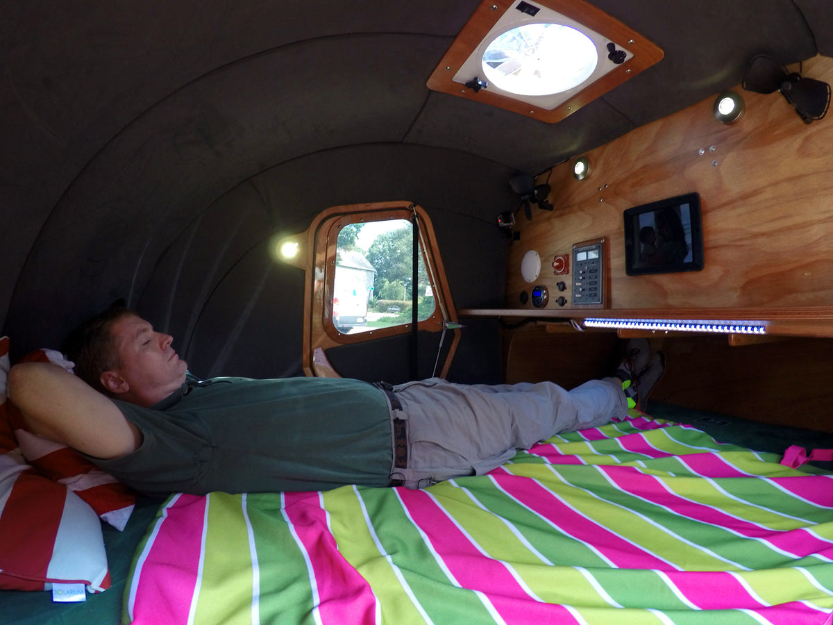 Teardrop camper interior holds a queen-size mattress.
