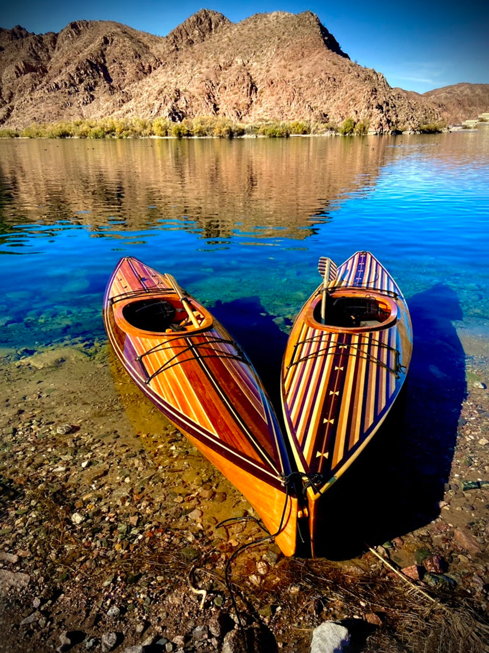 A pair of colorfully stripped Wood Duck 12 Hybrid kayaks built by Adam R. , Las Vegas, NV