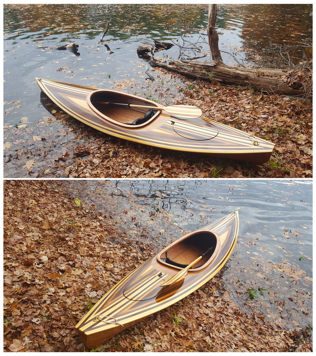 Two  waterside views of a Wood Duck 12 Hybrid kayak built by Nick L.