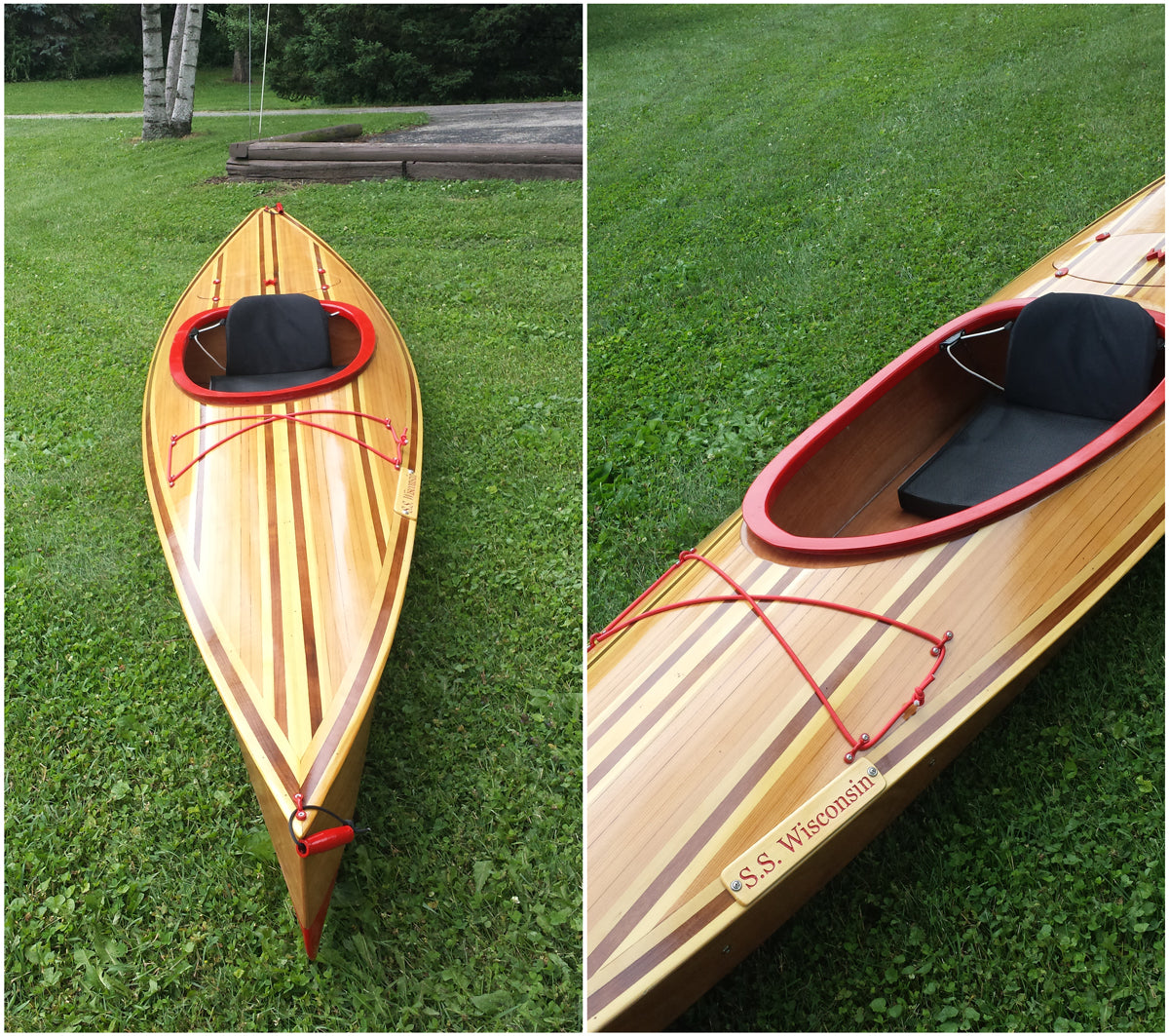 Two views of a Wood Duck 12 Hybrid kayak built by Randy J.