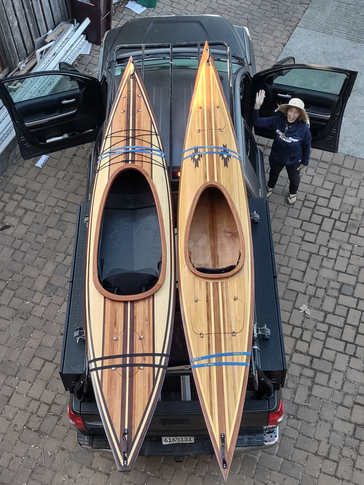 Dennis M's Wood Duck 14 Hybrid (left) and Shearwater Sport Hybrid kayaks on the roof of the truck