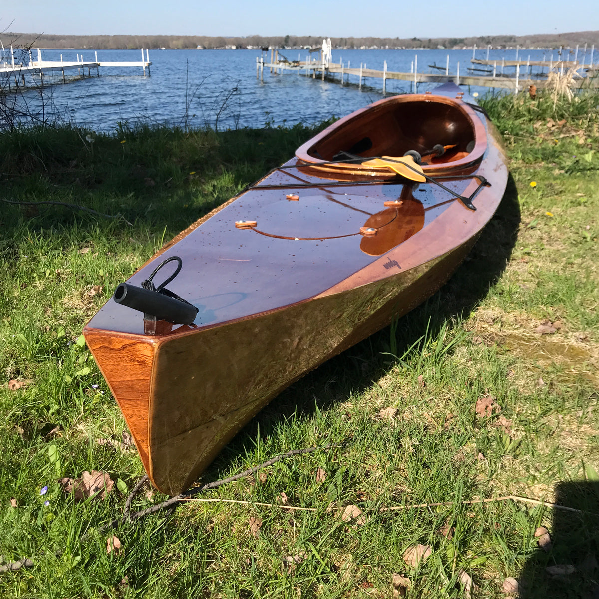 A Wood Duck 14 kayak built by Bob R. at the edge of Chautauqua Lake, NY
