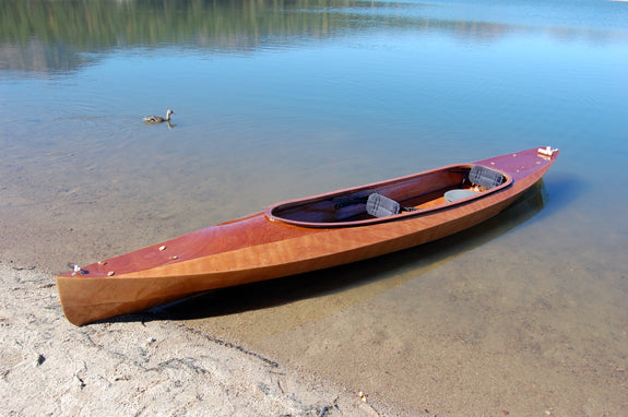 Brian K. built this Wood Duck Double kayak, shown at the water's edge at Monument Lake, Colorado