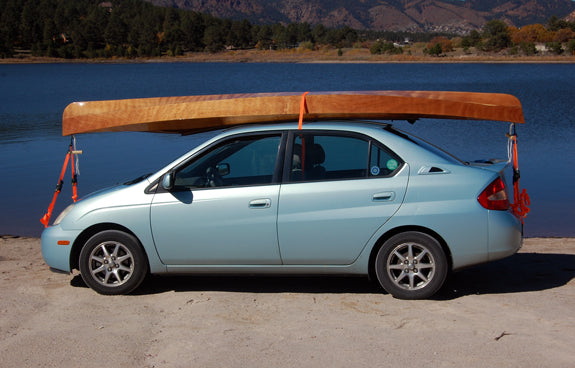 Brian K's Wood Duck Double kayak fits nicely atop his compact car, parked at Monument Lake, Colorado.