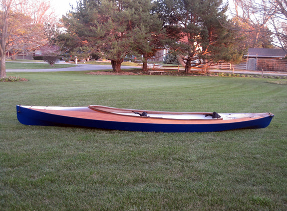 Dave G. built this blue-hulled Wood Duck Double kayak, now adorning his lawn.