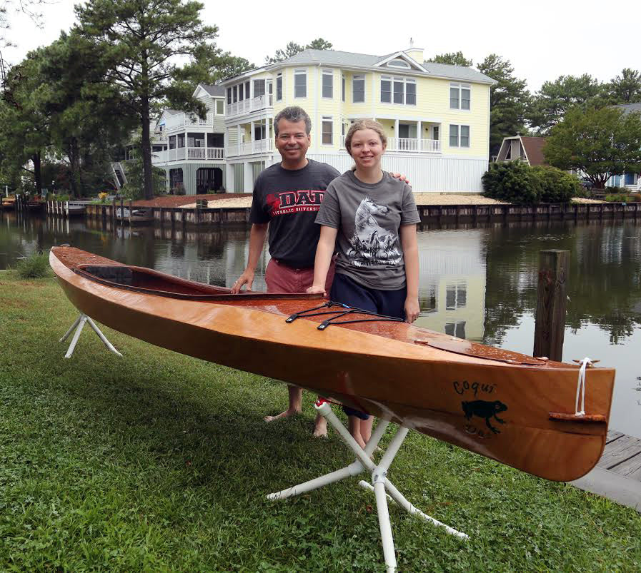 Robert S. and his daughter built this Wood Duck Double kayak, displayed at the water's edge in South Bethany Beach, Delaware.