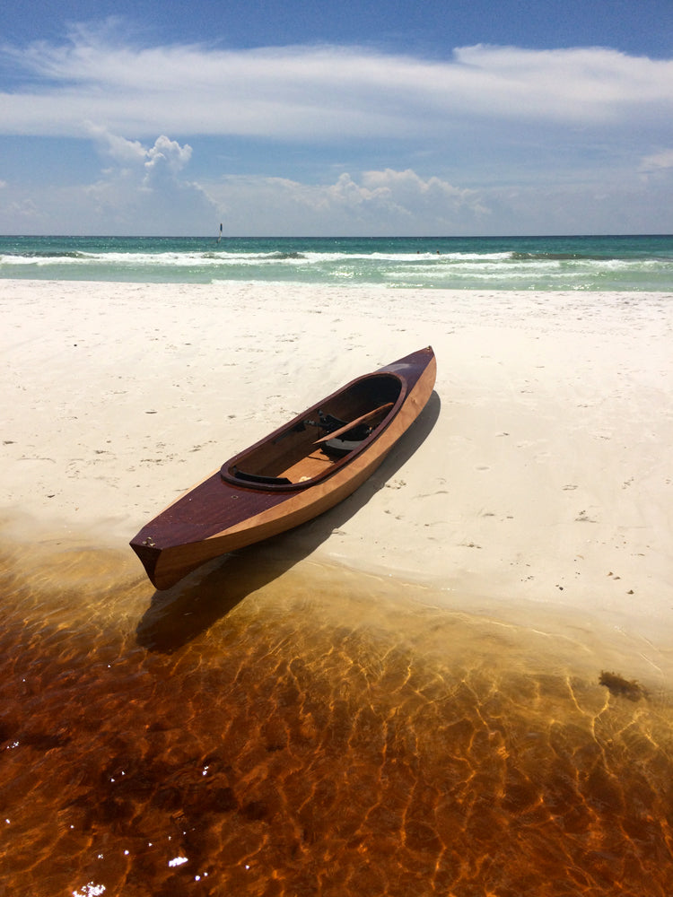 PERILOUS 2, Brett D's Wood Duck Double kayak on a sandbar at Grayton Beach, Florida.