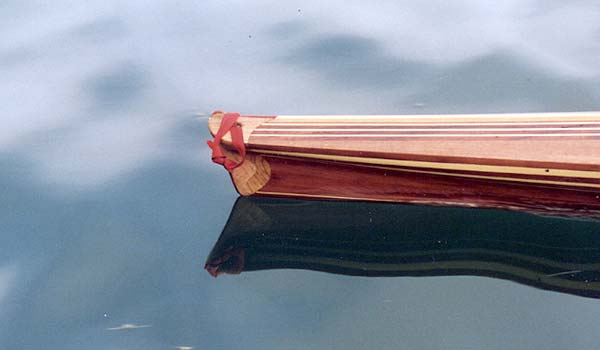 Side view of the bow of Aleutesque kayak designed by Nick Schade.