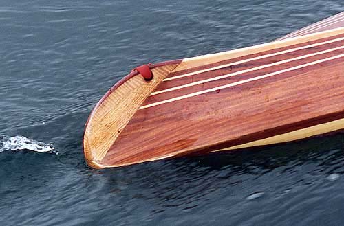 View of the stern profile of the Aleutesque kayak designed by Nick Schade.