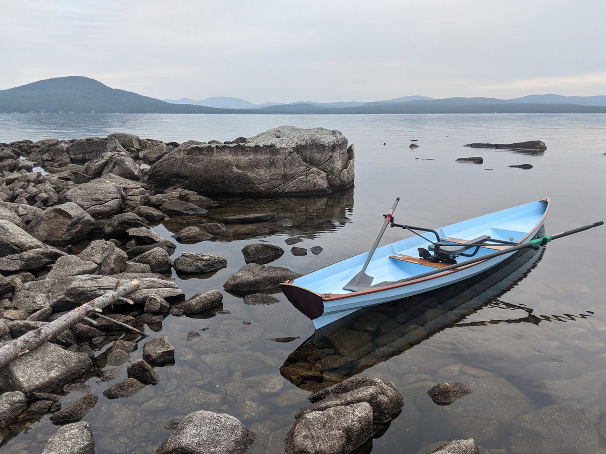 A blue Annapolis Wherry built by Elijah D., Knight's Pond, Northport, Maine