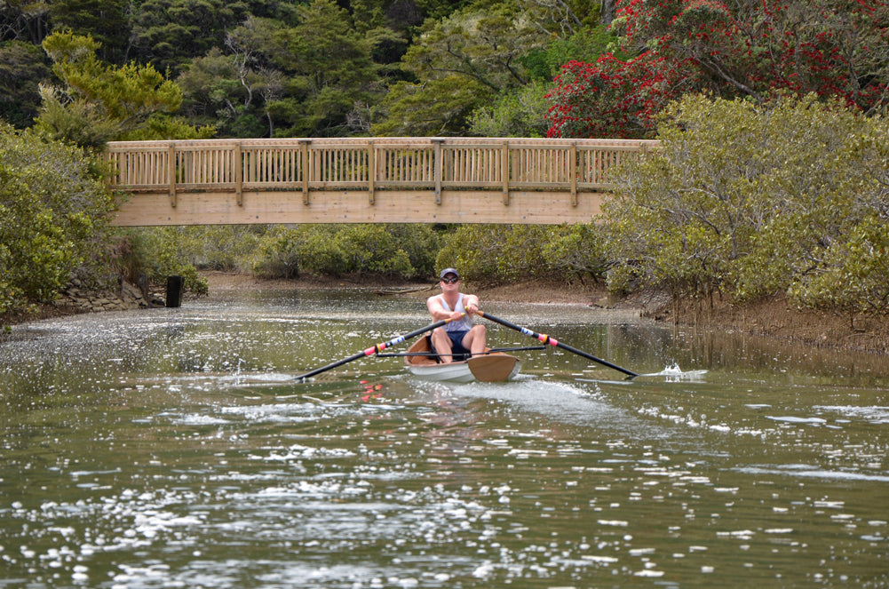 Gregory G built this Annapolis Wherry that he is rowing on a river in Matakana, New Zealand