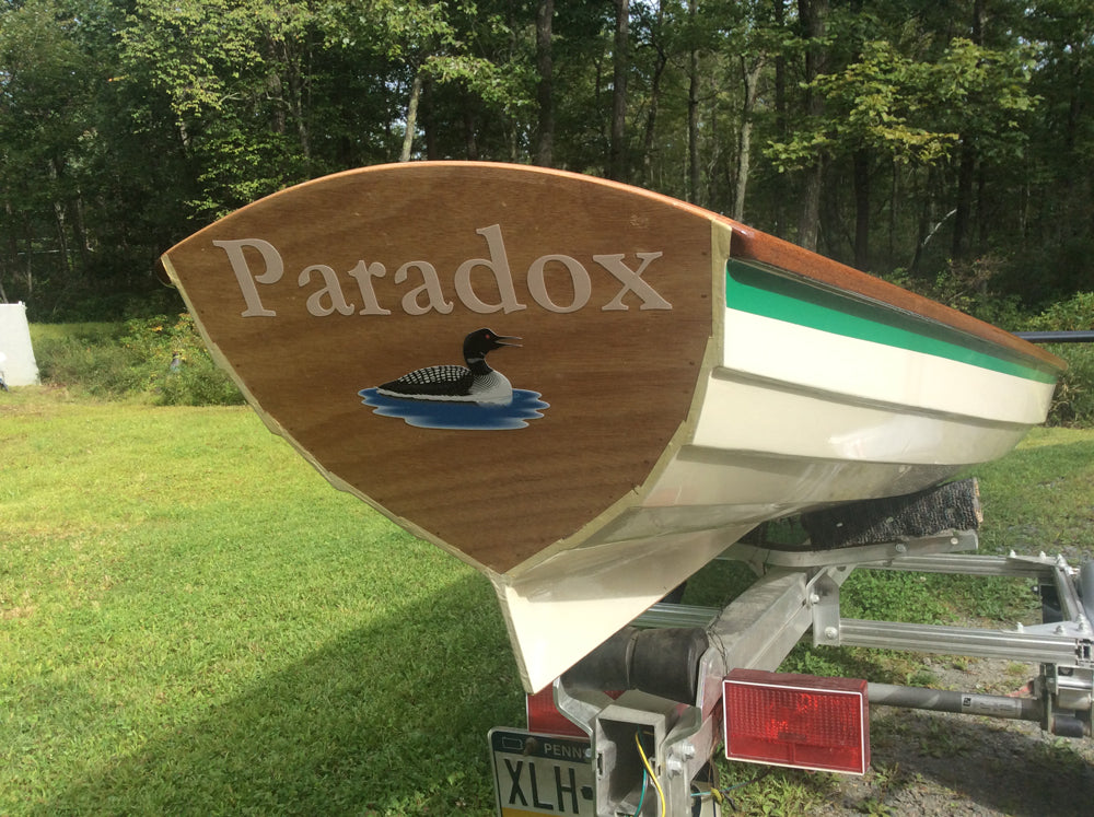 View of the transom art on an Annapolis Wherry built by David G.