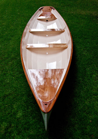 A view of the white-and-bright interior of an Annapolis Wherry built by Rick B.