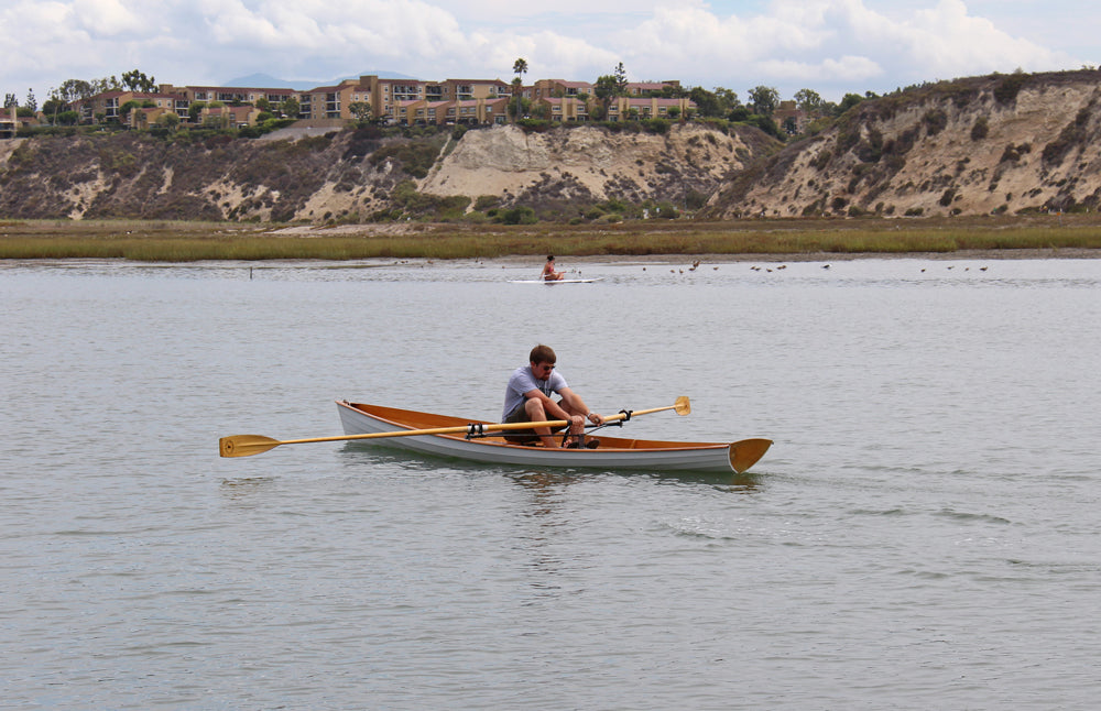 Testing out an Annapolis Wherry at a CLC demo event in Newport Beach, Cal