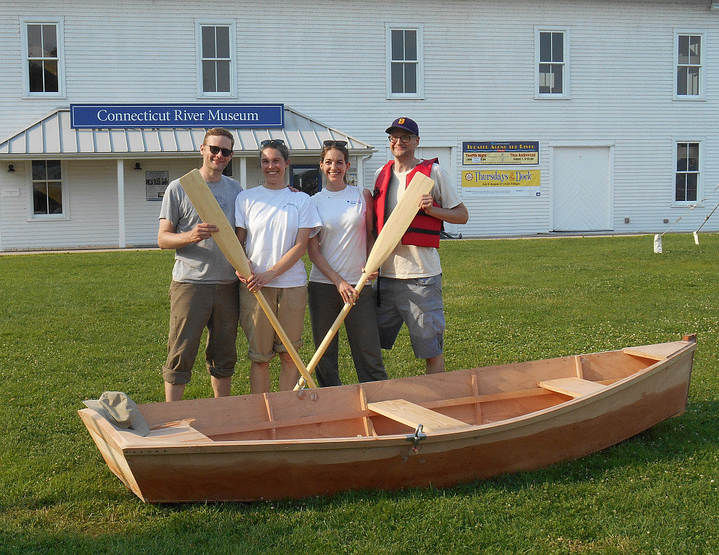 The Alosa crew with their Bevin's Skiff at the Connecticut River Museum