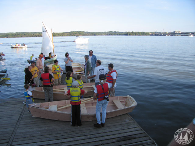 Preparing to launch Bevin's Skiffs at a 2007 Family Boatbuilding event