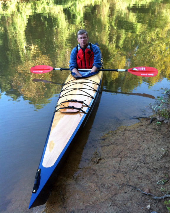 Randy S. and his Chesapeake 16LT wooden kayak at the water's edge