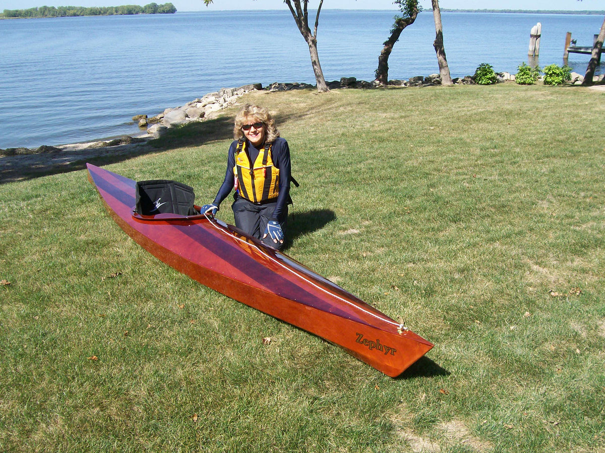 Valerie S. with her Chesapeake 16LT wooden kayak Zephyr