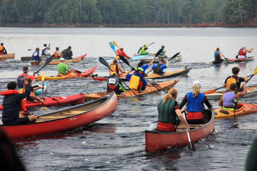 John R. and teammate (#354) competing in the Tully Lake Race in their Chesapeake Sport Tandem wooden kayak 