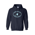 Navy blue hoodie with 'Chesapeake Light Craft' paddler logo inked in white (front only). Thumbnail