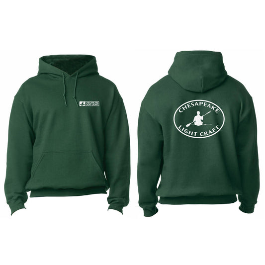 Forest Green hoodie with 'Chesapeake Light Craft' paddler logo on back in white ink and the builder logo on the front left chest.
