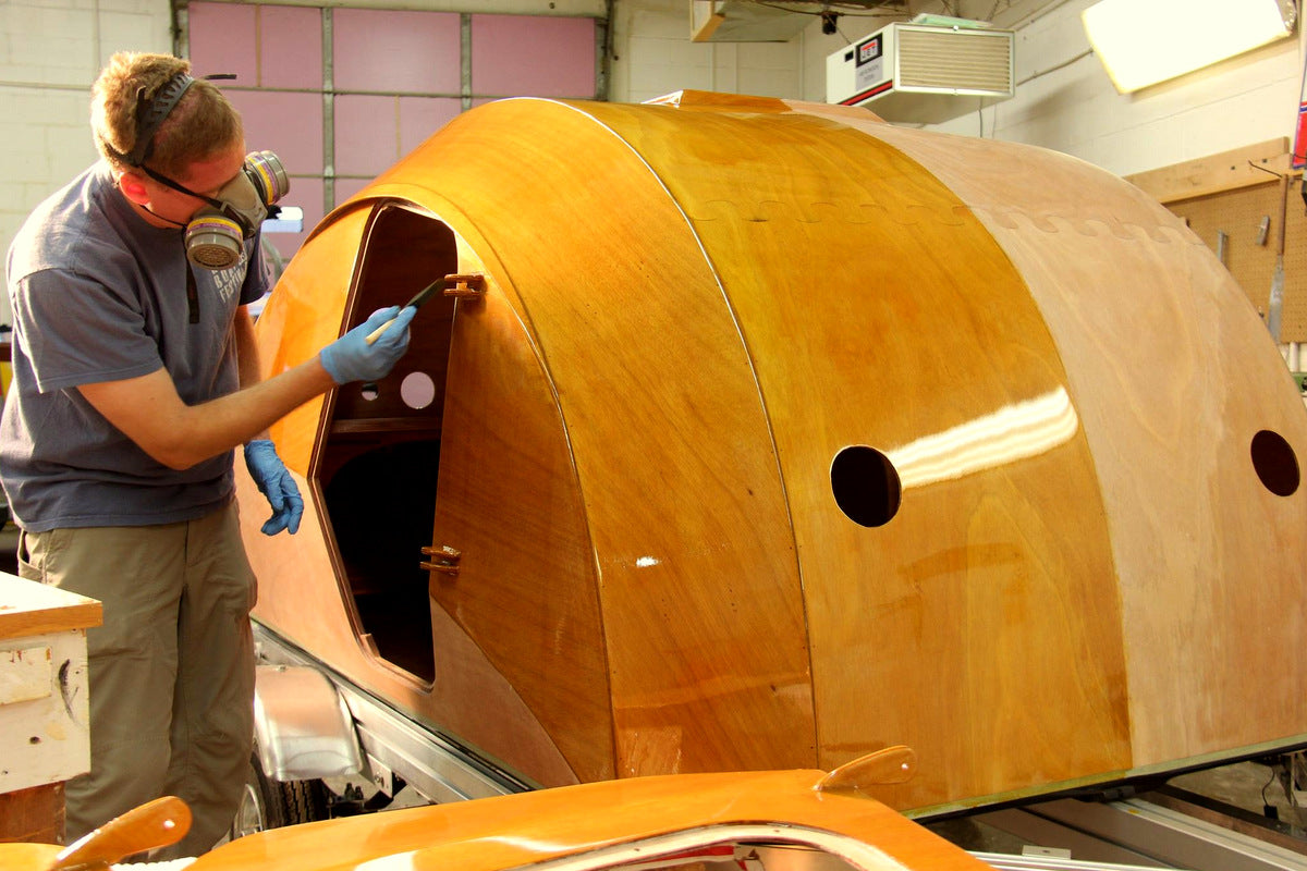 Teardrop Camper after the first coat of varnish