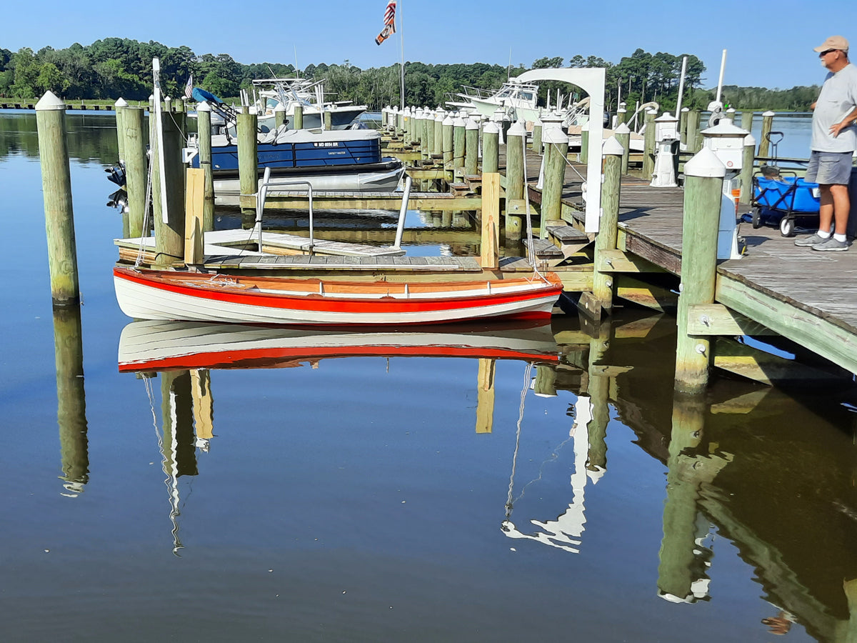 Chester Yawl on davits at the dock. Built by Richard S.