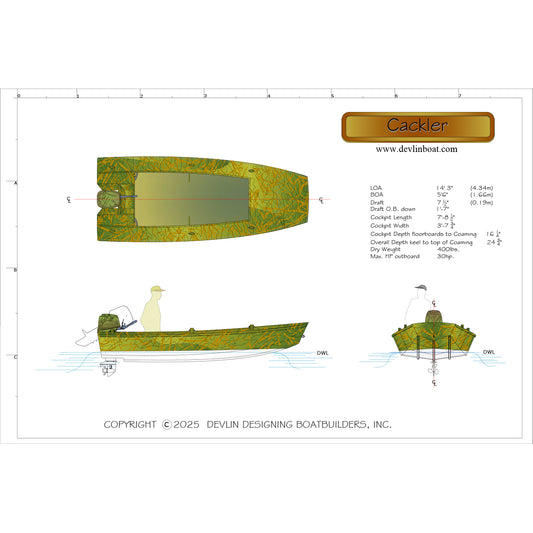 Body plan, profile, and plan view of the Cackler 14 designed by Devlin Designing Boatbuilders. 