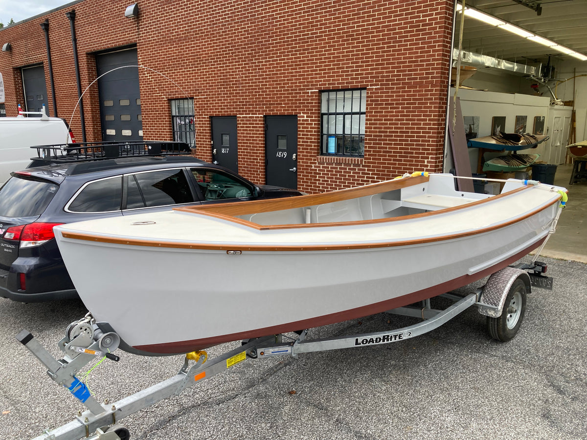 Candlefish 16 casting deck in front of the Chesapeake Light Craft shop