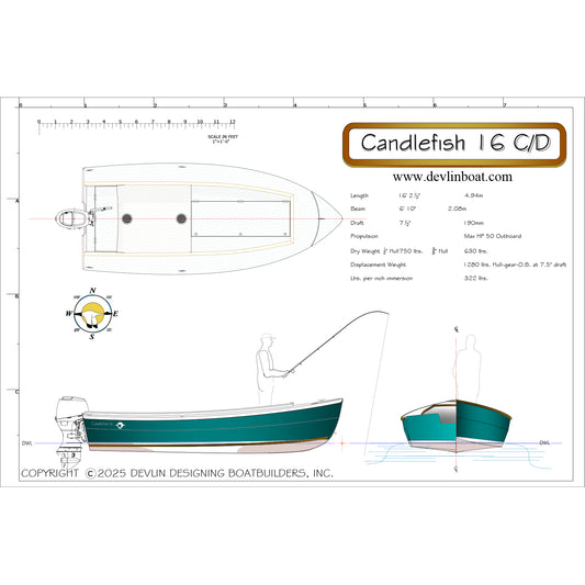 Plans for the Candlefish 16 Casting Deck fishing boat, designed by Sam Devlin.