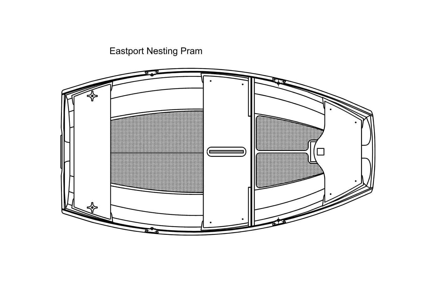 Drawing of an Eastport Nesting Pram showing location and shape of optional non-skid decking.